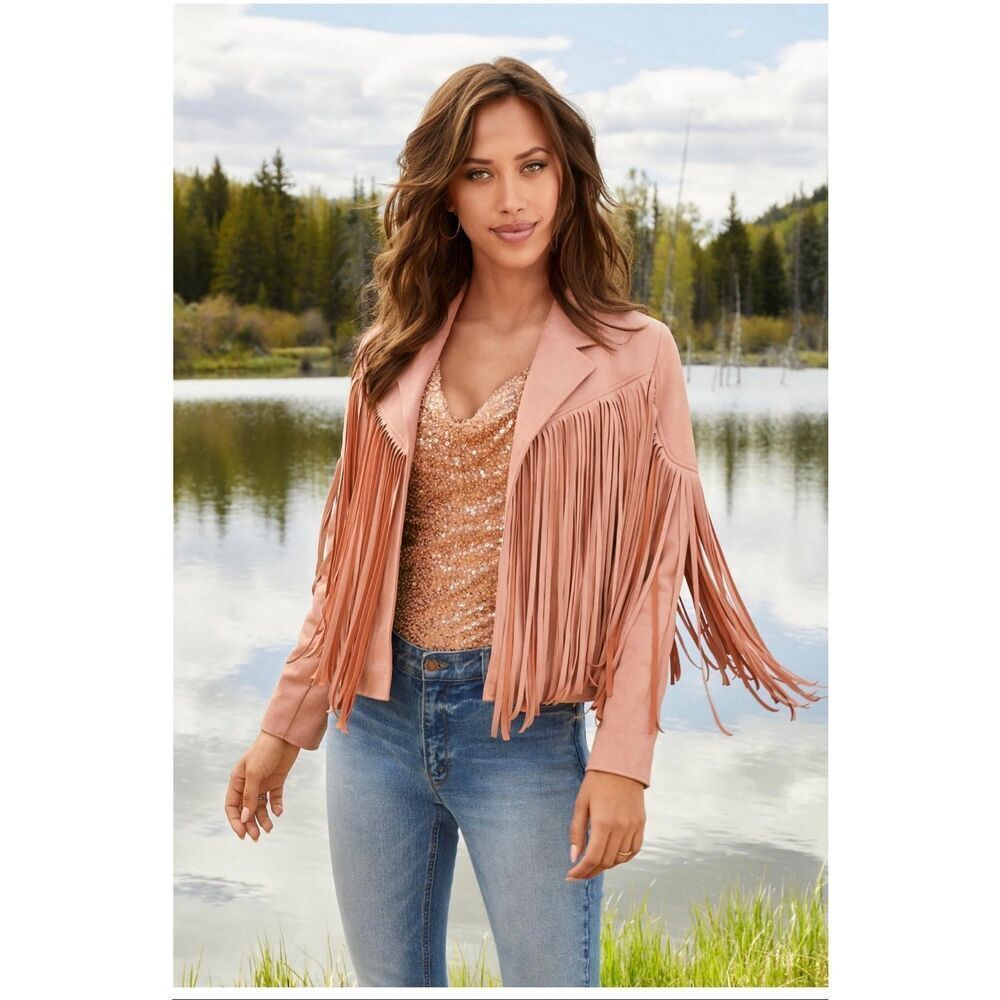 Boston Proper Notched Collar Fringed Faux Suede Jacket Blush Small